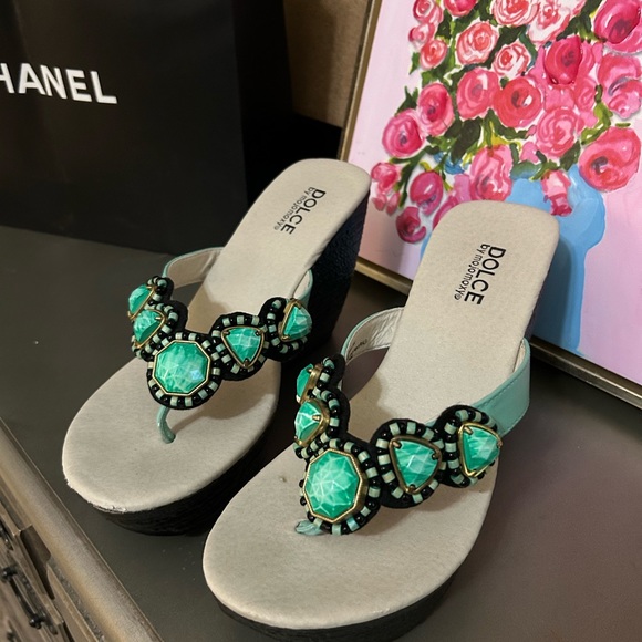 DOLCE by mojo moxy Cabana mint green black jeweled gem wedge size 8 - Picture 3 of 8